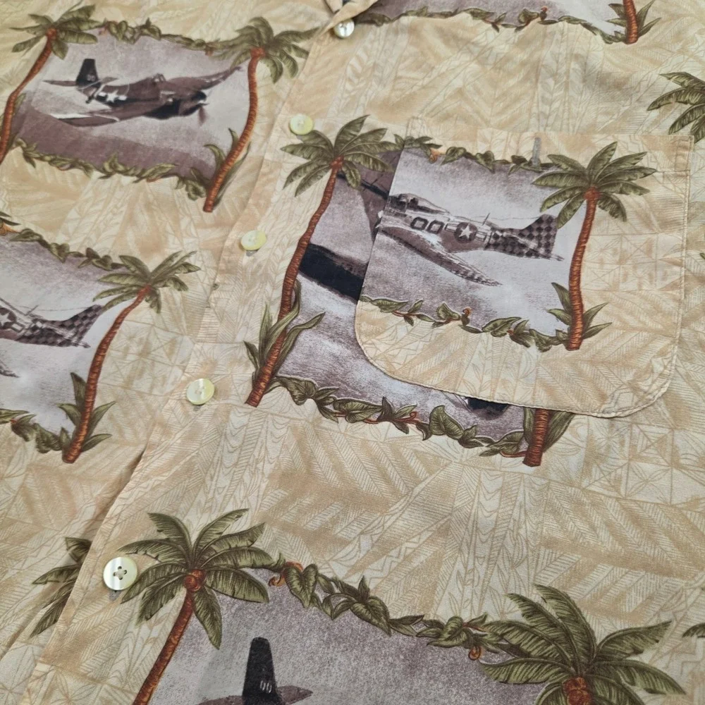 Vintage Johnny Cotton Button Up Shirt Small Tan Military Plane Hawaiian Made USA